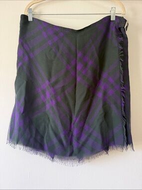 Burberry Green and Purple Plaid Wrap Skirt with Fringe